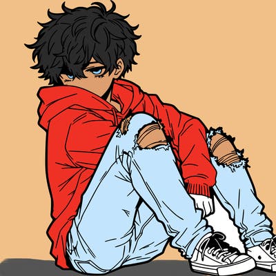 a male hoddie ripped jeans messy hair anime