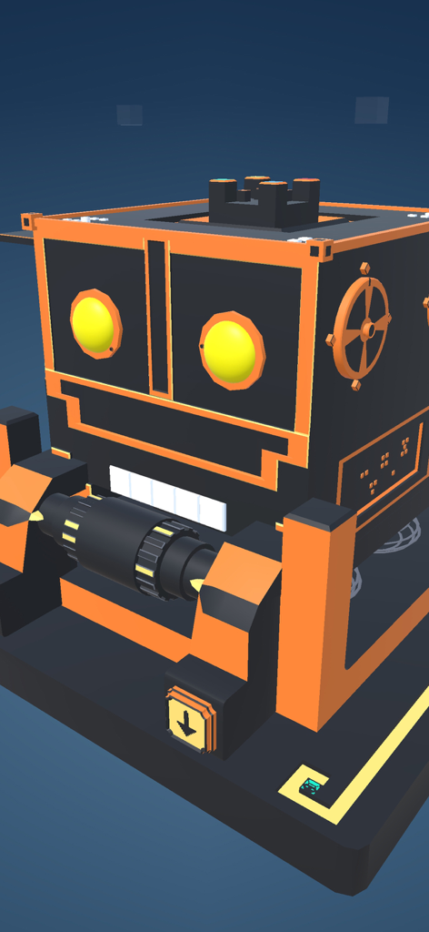 An intricate 3D black and orange mechanical puzzle box with glowing yellow eyes