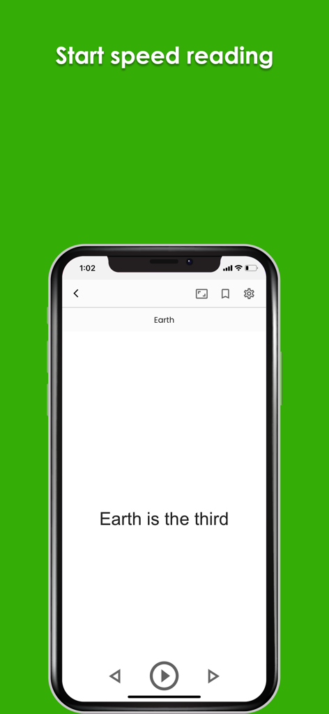 Save To Spreeder - Save To Spreeder mobile app interface showing a speed reading session with text displayed one phrase at a time