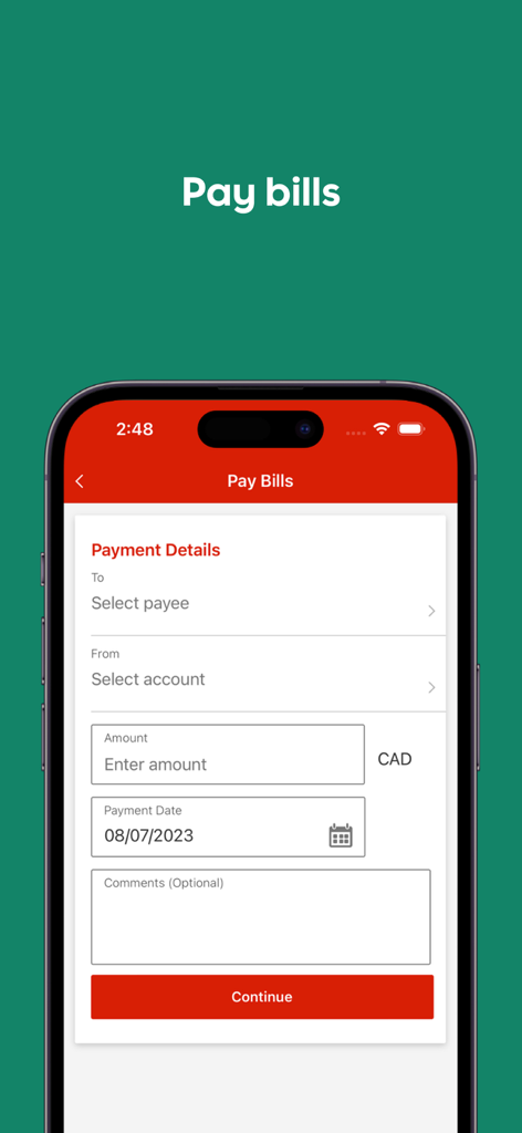 ScotiaConnect Business Banking - ScotiaConnect app screen for paying business bills including payment details and amount