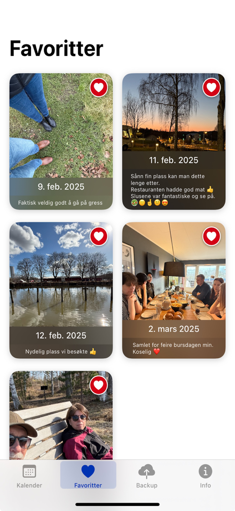 New-Day - A grid display of favorite photos in the New-Day app showing dated entries with personal notes and heart icons.