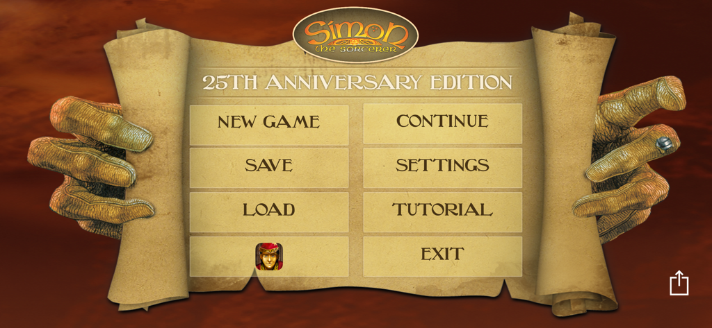 The main menu of Simon the Sorcerer 25th Anniversary Edition presented on an old parchment scroll held by monster hands.