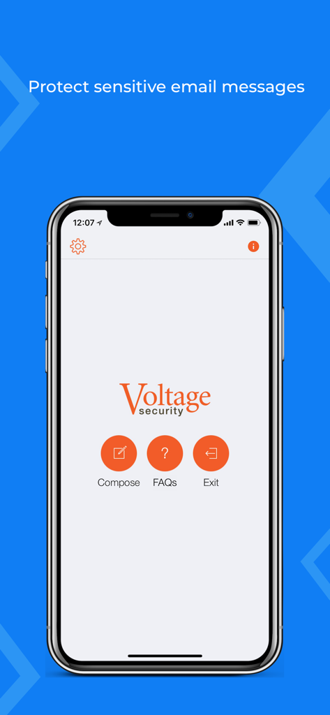 Voltage Mail app home screen on an iPhone showing options to compose encrypted emails and view FAQs