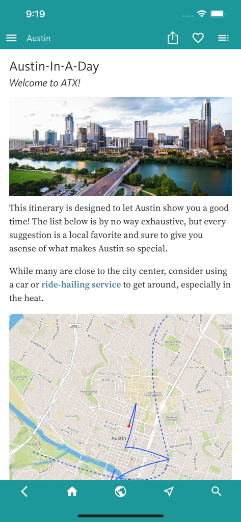 オースティン旅行ガイドアプリに、街のスカイラインと地図が表示された1日の旅程が表示されている。