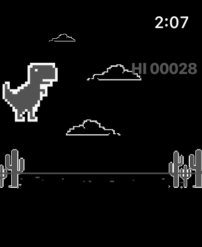Un T-Rex pixelado saltando sobre cactus en un juego de estilo retro en una pantalla de Apple Watch.