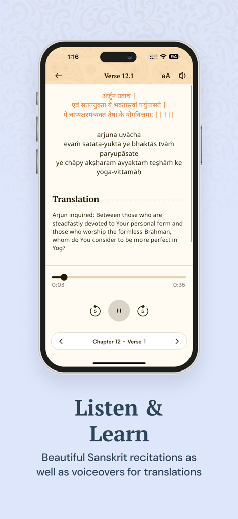 Bhagavad Gita - Krishna Bhakti - Smartphone screen displaying Bhagavad Gita Verse 12.1 with Sanskrit text, English translation, and audio playback controls.