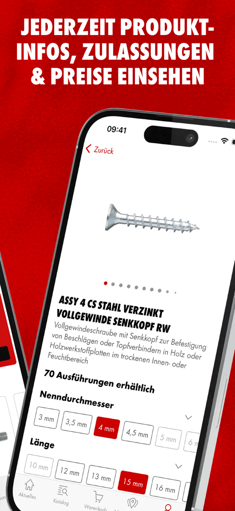 Würth Deutschland - プログレードのネジの詳細仕様とサイズ選択を表示するスマートフォンの画面、Wurthアプリの製品ページ
