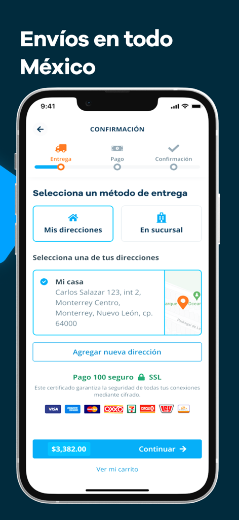 Vitau - Farmacia Digital - Vitau app screen for selecting delivery addresses in Mexico and secure payment options for medical supplies