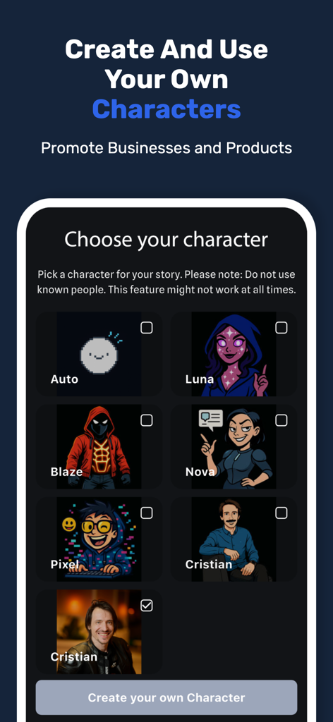 Shorts AI - Video Creator - A mobile interface for selecting and creating custom AI characters for video stories