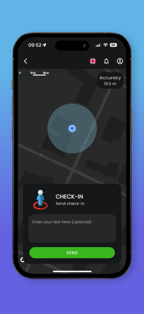 Sectra24 - Schermata dell'app mobile Sectra24 che mostra un prompt di check-in su un'interfaccia di mappa di sicurezza