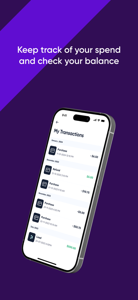 Karta Gift Cards - Mobile screen showing transaction history and balance tracking in the Karta Gift Cards app