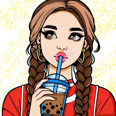 realistic girl with braided hair drinking boba