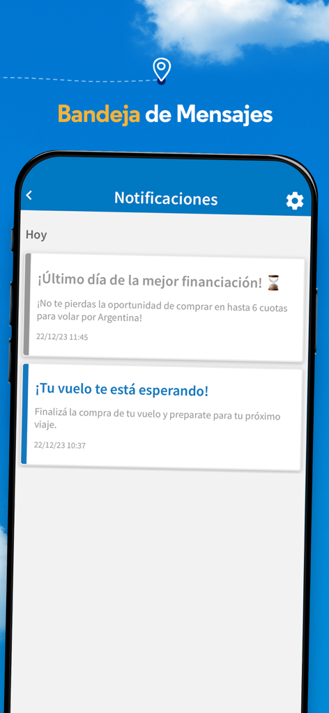 Schermata della casella di posta dei messaggi dell'app mobile Aerolíneas Argentinas che mostra notifiche di viaggio e offerte di voli in spagnolo