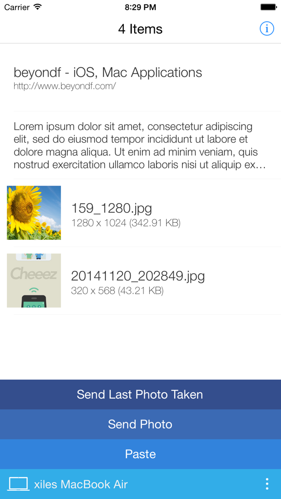 AirBridge - Transfer image/photo, text or URL - AirBridge iPhone app interface showing a list of transferred items including a URL, text block, and two images ready to be synced with a MacBook Air.