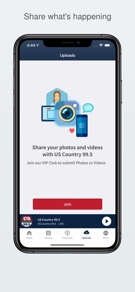 US Country 99.5 - Interface of the US Country 99.5 app showing the screen to share photos and videos with the station