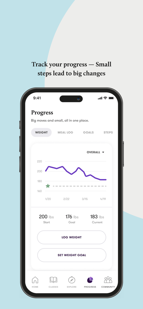 Wondr Health - Um print da tela do aplicativo Wondr Health mostrando um gráfico de progresso de peso e estatísticas de acompanhamento de metas.
