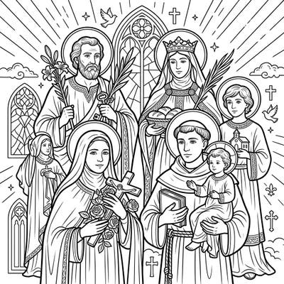 Immerse yourself in spiritual art with this beautiful coloring page featuring a host of revered saints. A perfect activity for reflection, learning, and creative expression for all ages.
