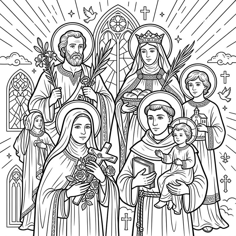 Immerse yourself in spiritual art with this beautiful coloring page featuring a host of revered saints. A perfect activity for reflection, learning, and creative expression for all ages.
