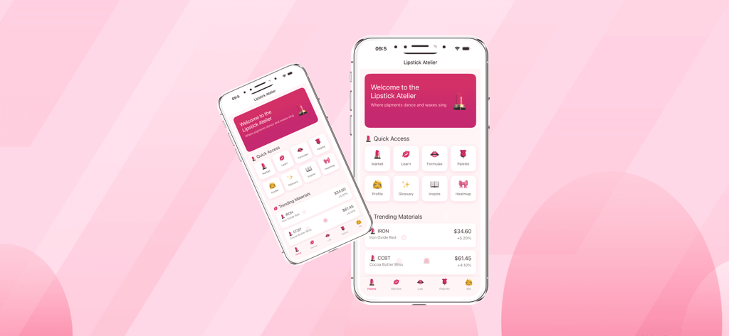 L0ver1 - Home screen of the Lipstick Atelier app showing cosmetic ingredient market data and formulation tools