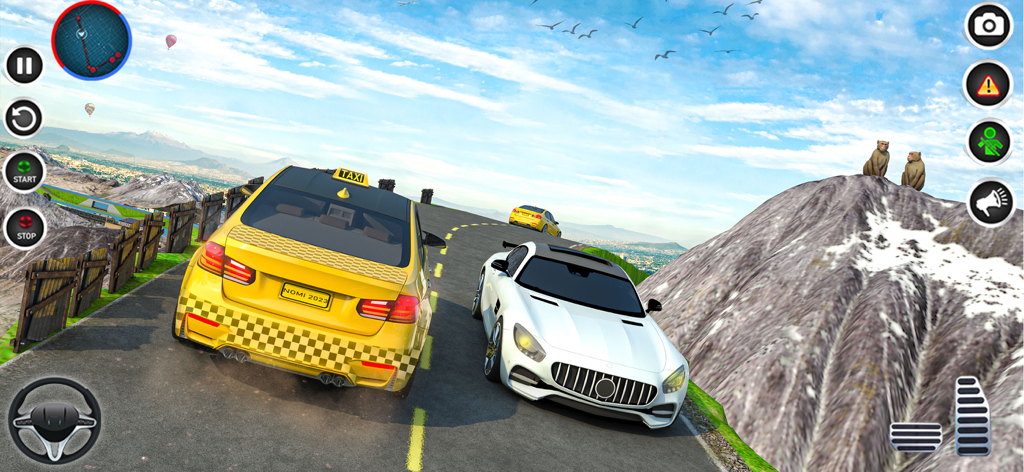 Taxi Simulator City Taxi Games - Yellow taxi and white luxury car on a mountain road in a taxi driving simulator