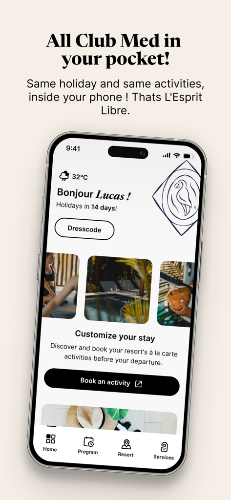 My Club Med - Interfaz de la pantalla de inicio de la app Mi Club Med que muestra una cuenta regresiva de vacaciones, un saludo personalizado y un botón de reserva de actividades.