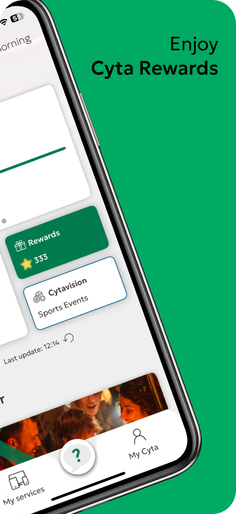 My Cyta - My Cyta app rewards screen with loyalty points and sports events options