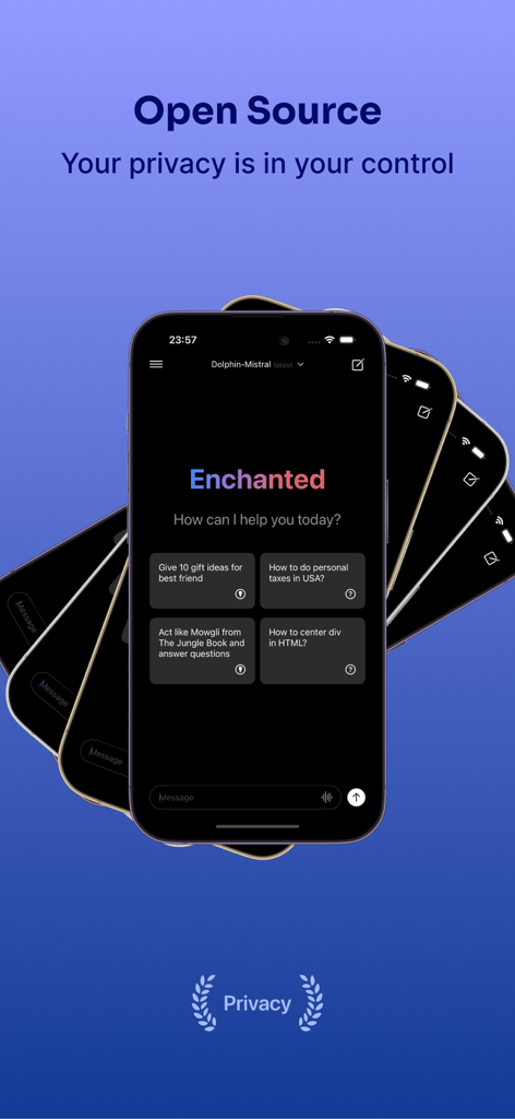 Enchanted Developers Only - Enchanted mobile app interface showcasing privacy and open source features