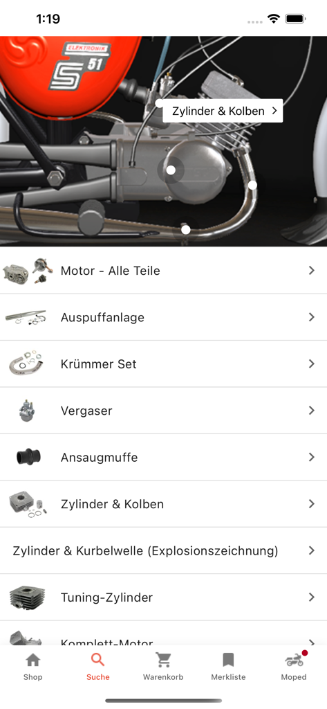Ostoase Shop - Ostoase app screen showing a list of Simson moped spare parts categories such as engine, exhaust, and carburetor.