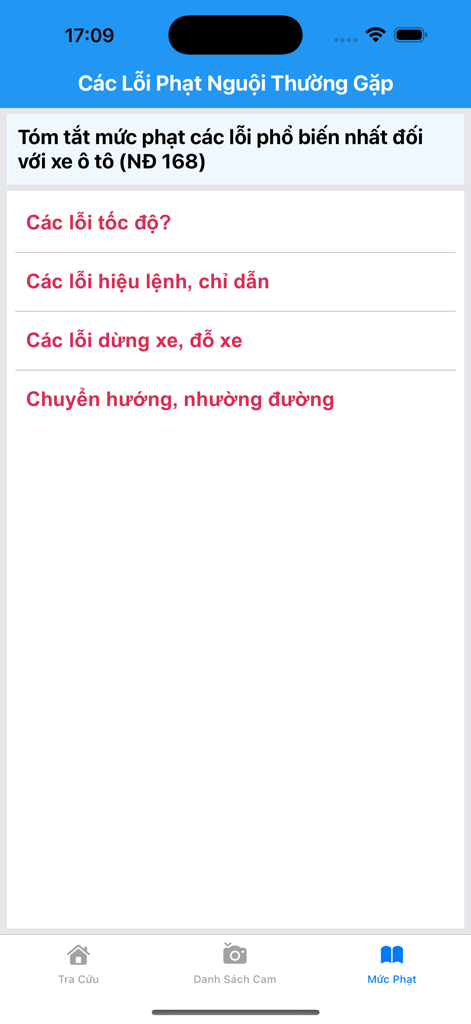 iNguoi - Tra Cứu Phạt Nguội - List of common traffic violations in the iNguoi app for checking fines in Vietnam