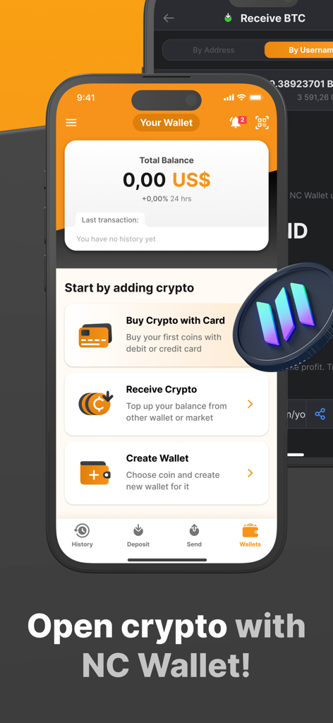 NC Wallet mobile app dashboard displaying options to buy and receive cryptocurrency