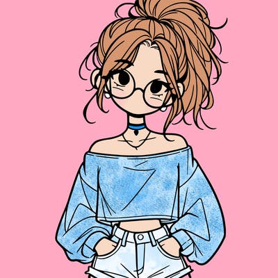 girl with a messy ponytail glasses a baggy crop top and jean shorts