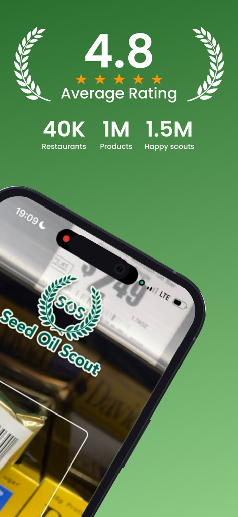 Seed Oil Scout app showing a 4.8 star rating with restaurant and product statistics
