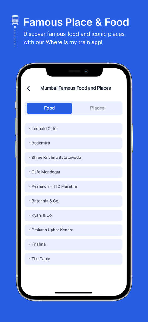 Where is my Train Live Status - 列車ステータスアプリ内で、ムンバイの有名なレストランや飲食店リストを表示するモバイル画面