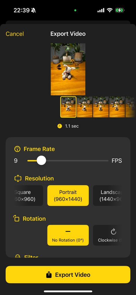 Onion Cam2 - StopMotion camera - Schermata di esportazione di Onion Cam2 che mostra le impostazioni di frame rate e risoluzione per un progetto video stop motion.