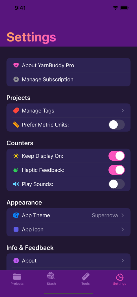 The settings screen of the YarnBuddy app showing customization options for projects and counters.