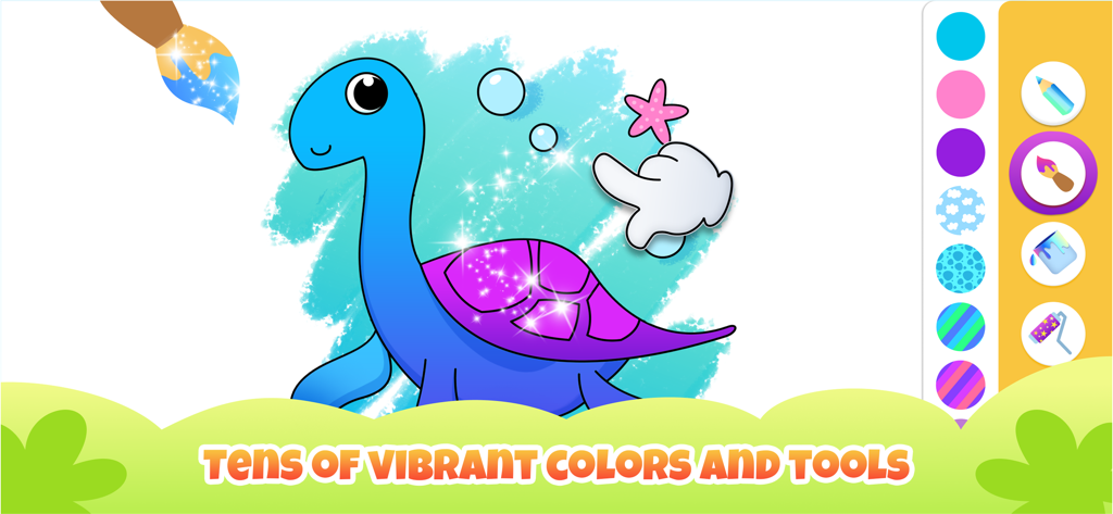 Dinosaur Drawing Kids Games 2+ - Un dinosaurio azul y morado siendo coloreado con colores y patrones vibrantes en una aplicación de dibujo para niños.