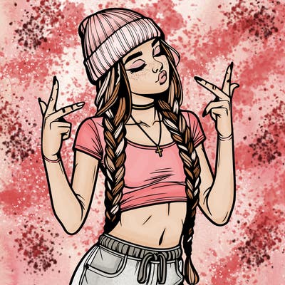 realistic teenage girl with braids and a beanie and crop top doing 🫶🏼
