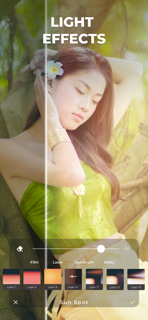 LUMINS - Light Photo Editor - A before and after split screen comparison showing sun spot light effects applied to a portrait in the Lumins photo editor app