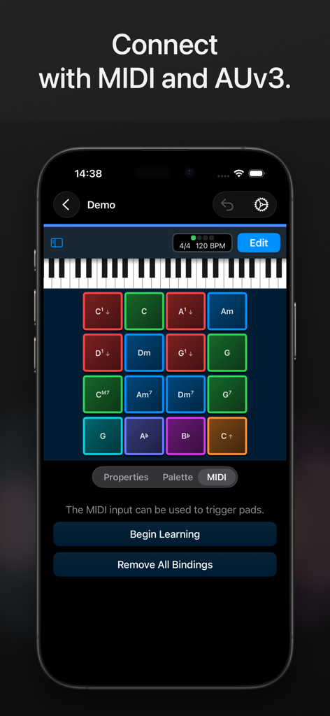 ChordPadX 2 - ChordPadX 2 mobile app interface showing colorful chord pads and MIDI connection settings for music production