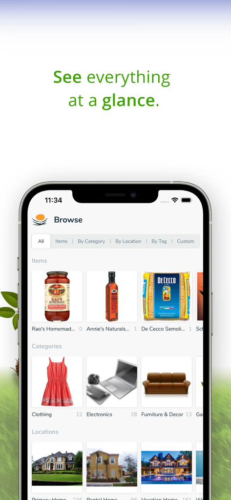 Nest Egg - Inventory - Browse screen of the Nest Egg app showing organized item categories and home locations