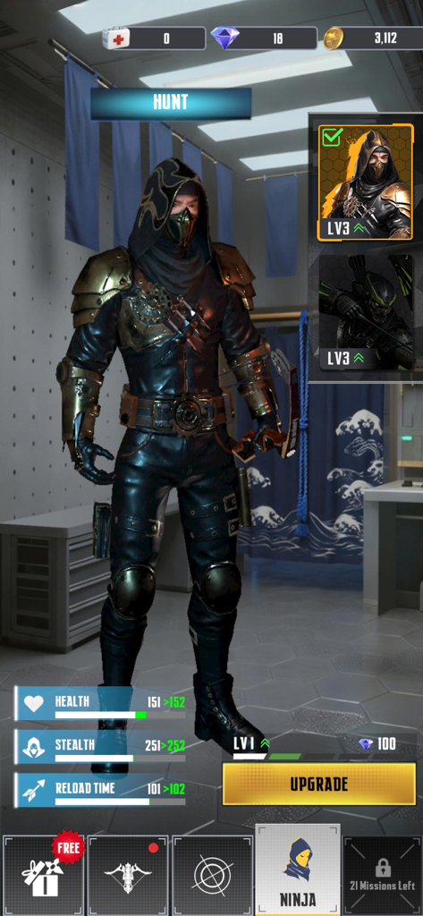 Ninja Hunt: Stealth Assassin - Pantalla de personalización de personaje en Ninja Hunt que muestra un ninja táctico y estadísticas mejorables como salud y sigilo
