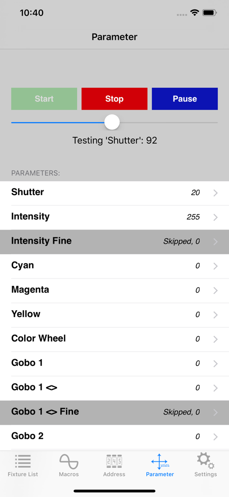 Fixture Tester - Interface of the Fixture Tester app showing the parameter test screen with controls for shutter and intensity