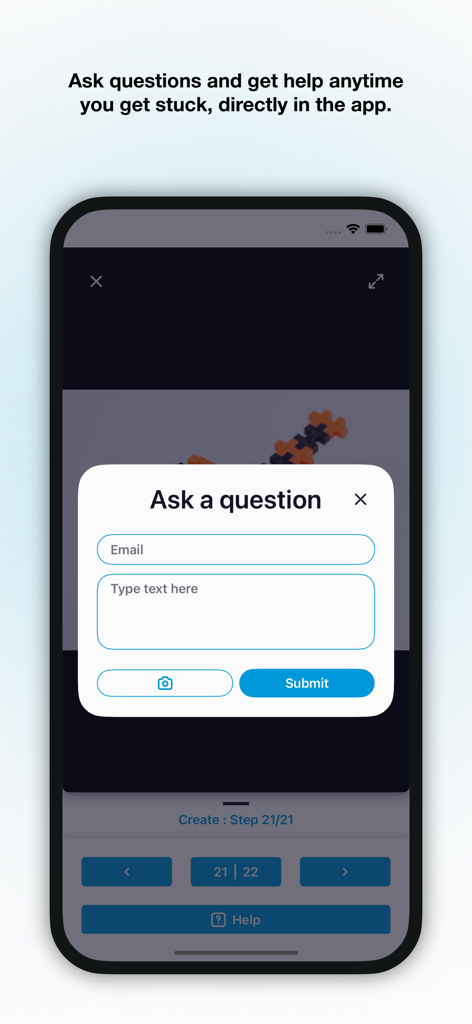 Plus-Plus - Guides & Ideas - Interface for the Plus-Plus app showing a pop-up window to ask a question and get help with building guides.