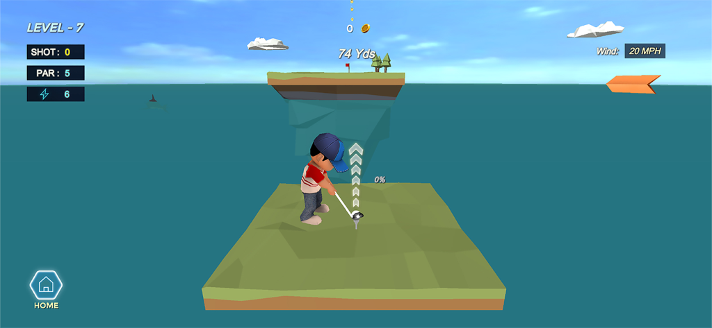 Golf 3D - Golf Games, MiniGolf - Un personaje en un juego de golf 3D apuntando una bola hacia un hoyo en una isla flotante distante