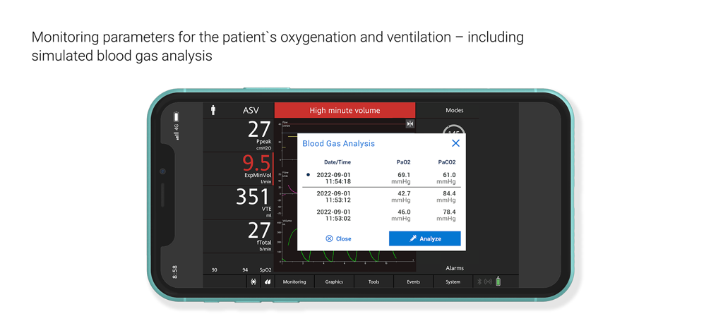 VenTrainer app showing simulated blood gas analysis and ventilation monitoring parameters