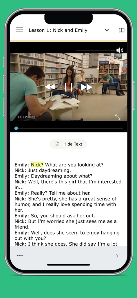Mobile app screen showing a video lesson with a synchronized text transcript for English language learning