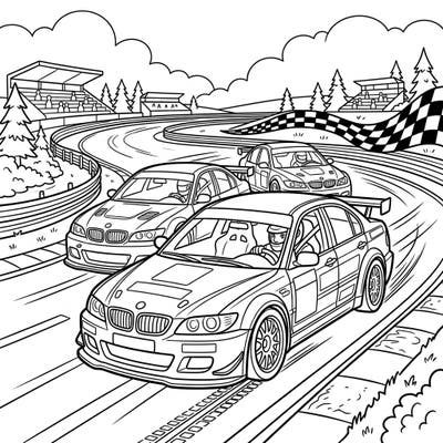Speed into an exciting coloring adventure with our dynamic touring car drivers template. This thrilling scene captures the high-octane action of a race, perfect for enthusiasts of all ages.