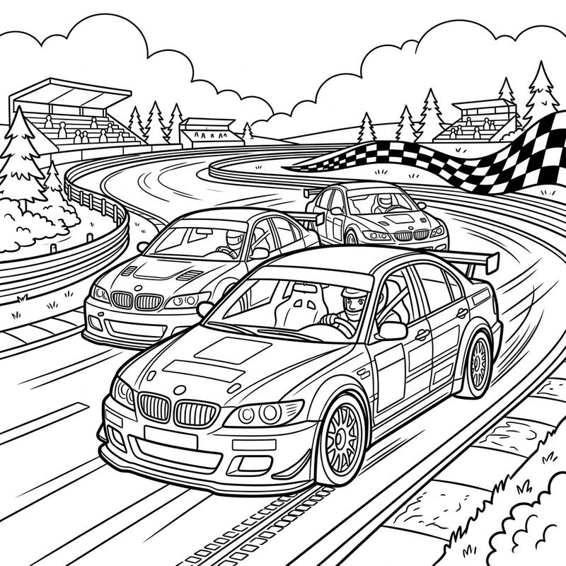 Speed into an exciting coloring adventure with our dynamic touring car drivers template. This thrilling scene captures the high-octane action of a race, perfect for enthusiasts of all ages.