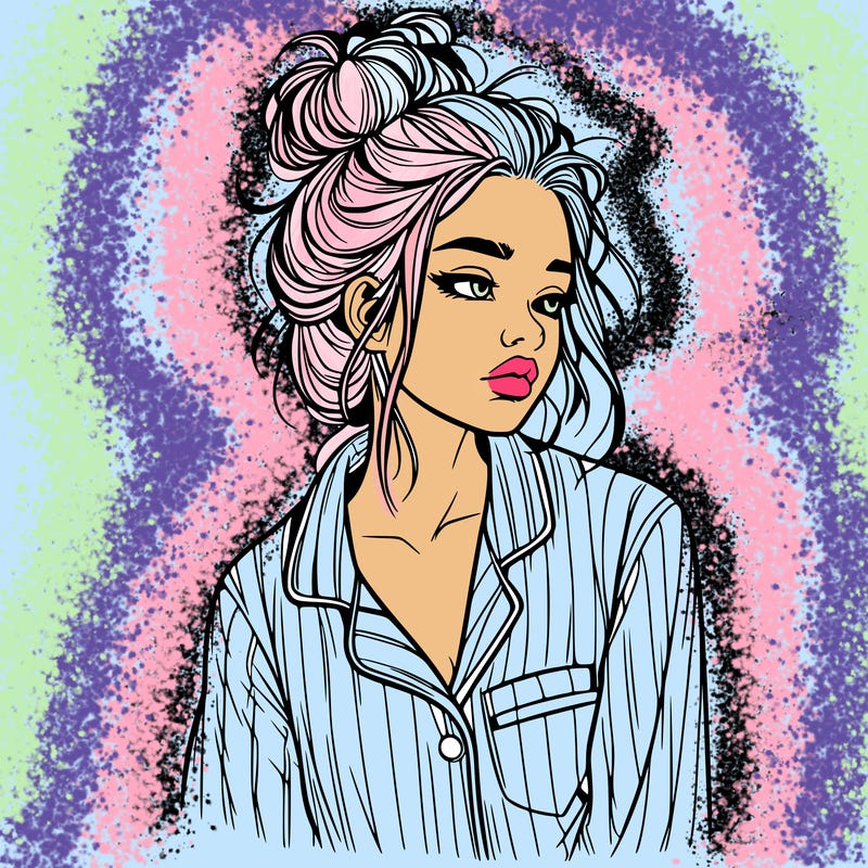 realistic woman with pajamas on and a messy bun