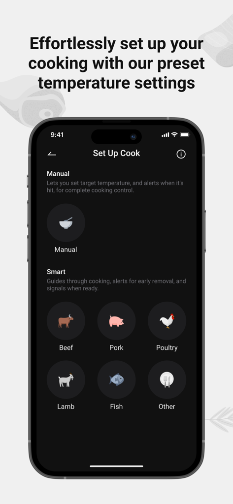 ThermoMaven - ThermoMaven app screen showing smart preset cooking modes for different meats like beef, pork, and poultry.